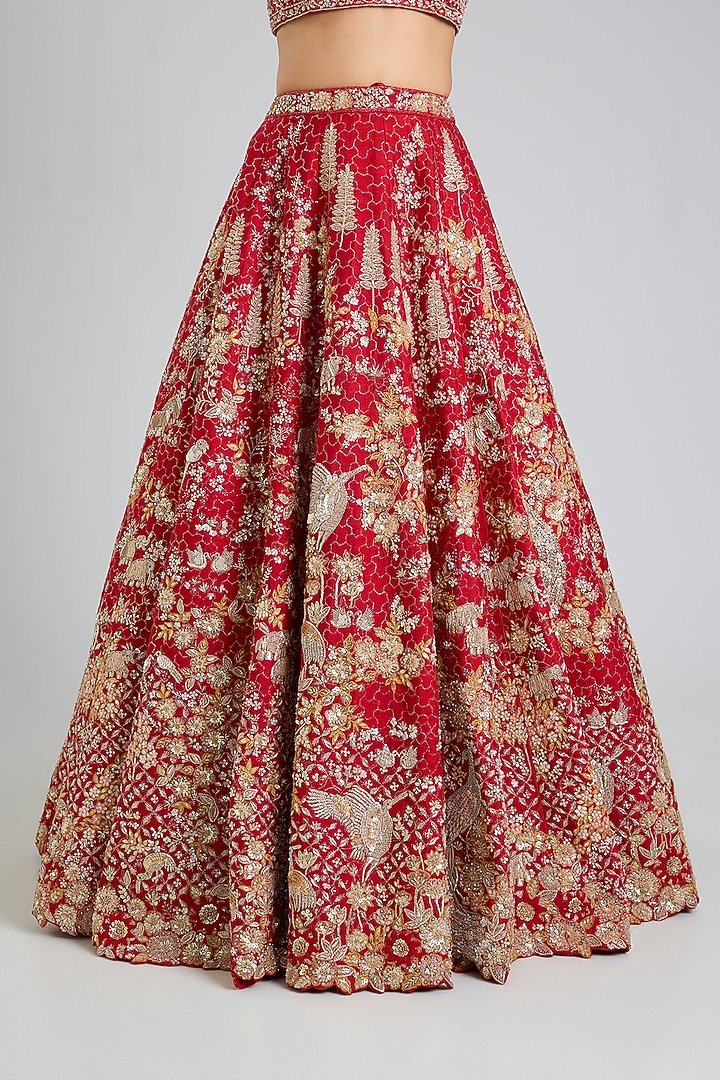 Red Organza Embroidered Bridal Lehenga Set by Kalighata at Pernia's Pop Up Shop