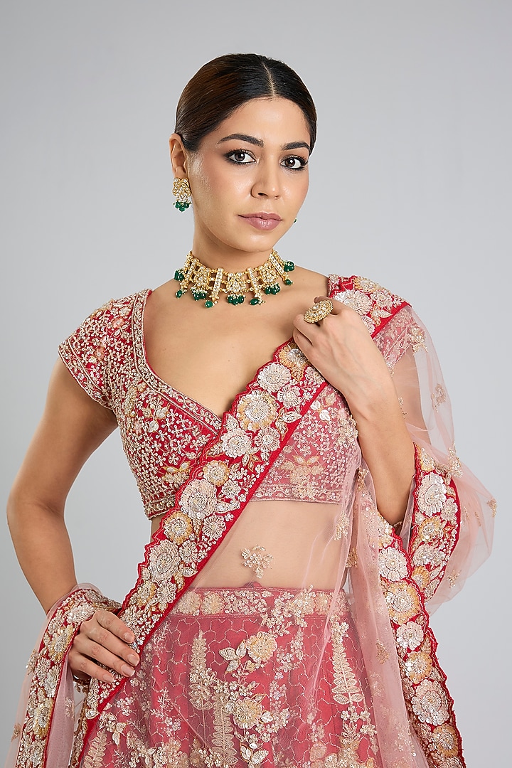 Red Organza Embroidered Bridal Lehenga Set by Kalighata at Pernia's Pop Up Shop