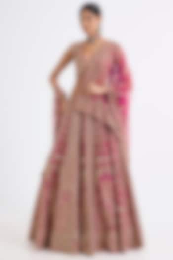 Rani Pink Raw Silk Zari Hand & Machine Embroidered Bridal lehenga for 22 Lehenga Set by Kalighata at Pernia's Pop Up Shop
