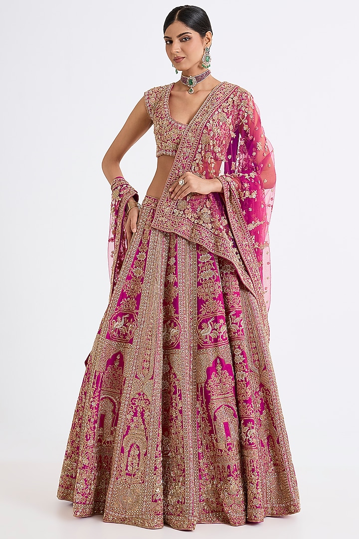 Rani Pink Raw Silk Zari Hand & Machine Embroidered Bridal lehenga for 22 Lehenga Set by Kalighata at Pernia's Pop Up Shop