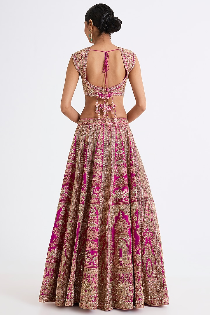 Rani Pink Raw Silk Zari Hand & Machine Embroidered Bridal Lehenga Set by Kalighata at Pernia's Pop Up Shop