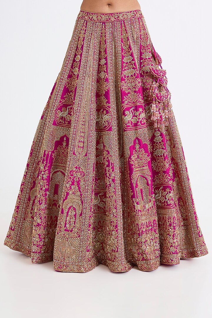 Rani Pink Raw Silk Zari Hand & Machine Embroidered Bridal Lehenga Set by Kalighata at Pernia's Pop Up Shop