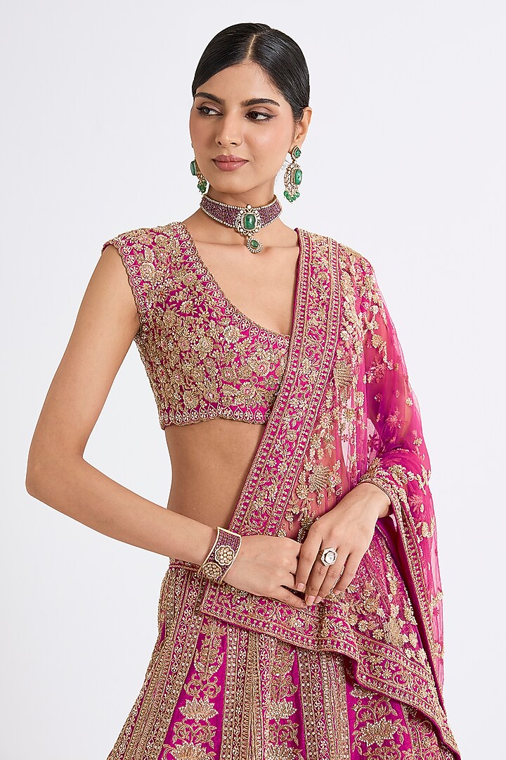 Rani Pink Raw Silk Zari Hand & Machine Embroidered Bridal Lehenga Set by Kalighata at Pernia's Pop Up Shop