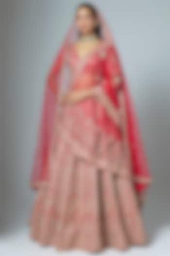 Red Raw Silk Embroidered Bridal Lehenga Set by Kalighata at Pernia's Pop Up Shop