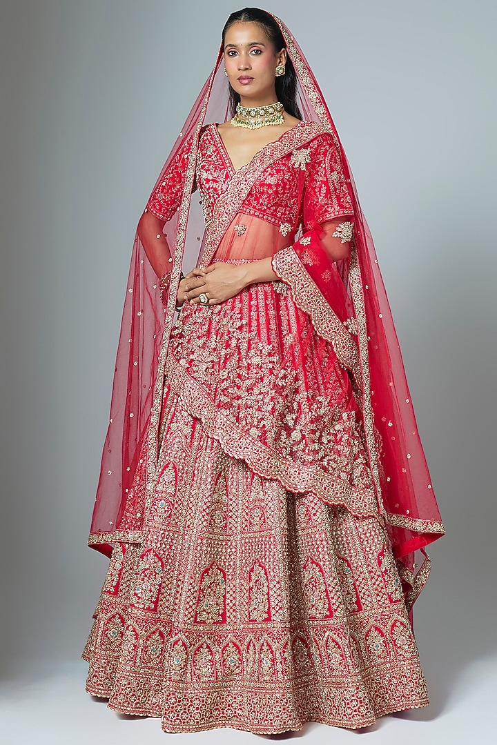 Red Raw Silk Embroidered Bridal Lehenga Set by Kalighata at Pernia's Pop Up Shop