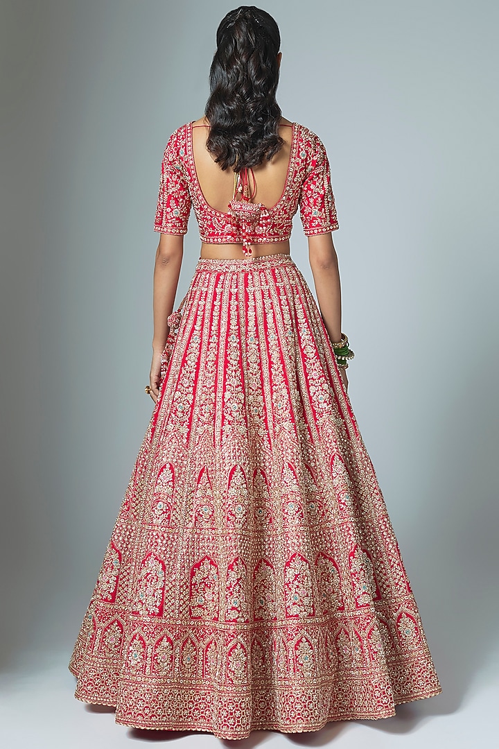 Red Raw Silk Embroidered Bridal Lehenga Set by Kalighata at Pernia's Pop Up Shop
