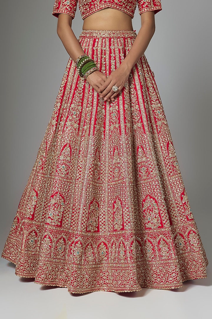 Red Raw Silk Embroidered Bridal Lehenga Set by Kalighata at Pernia's Pop Up Shop