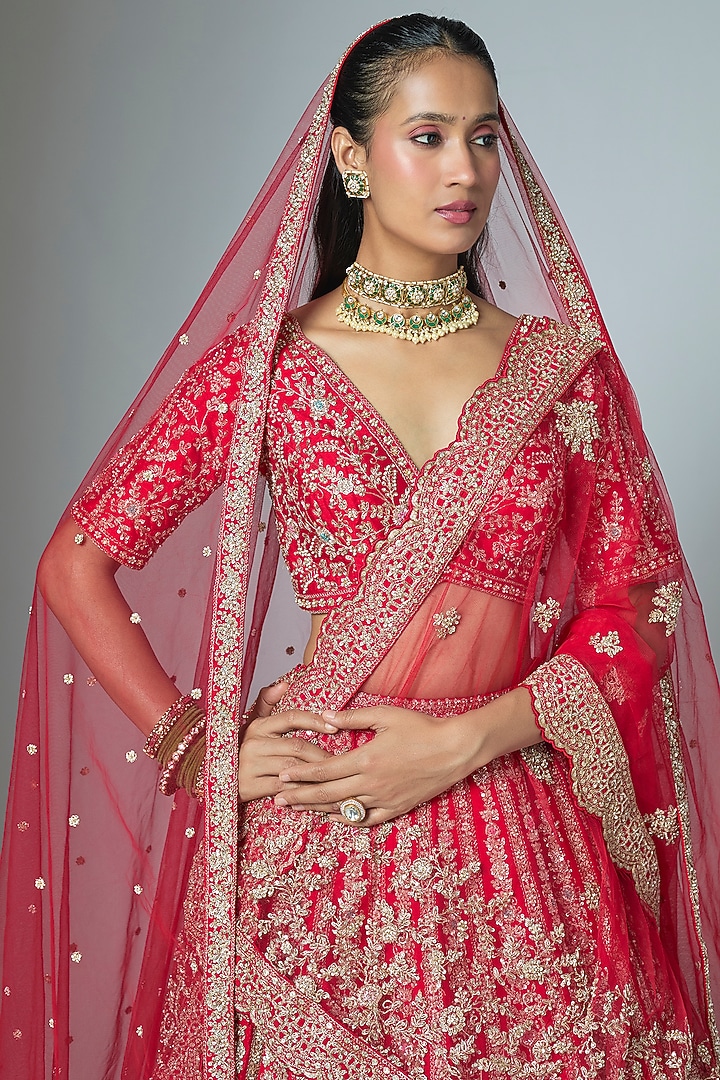 Red Raw Silk Embroidered Bridal Lehenga Set by Kalighata at Pernia's Pop Up Shop