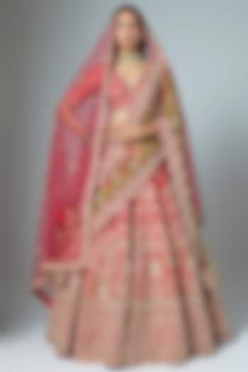 Red Raw Silk Embroidered Bridal Lehenga Set by Kalighata at Pernia's Pop Up Shop