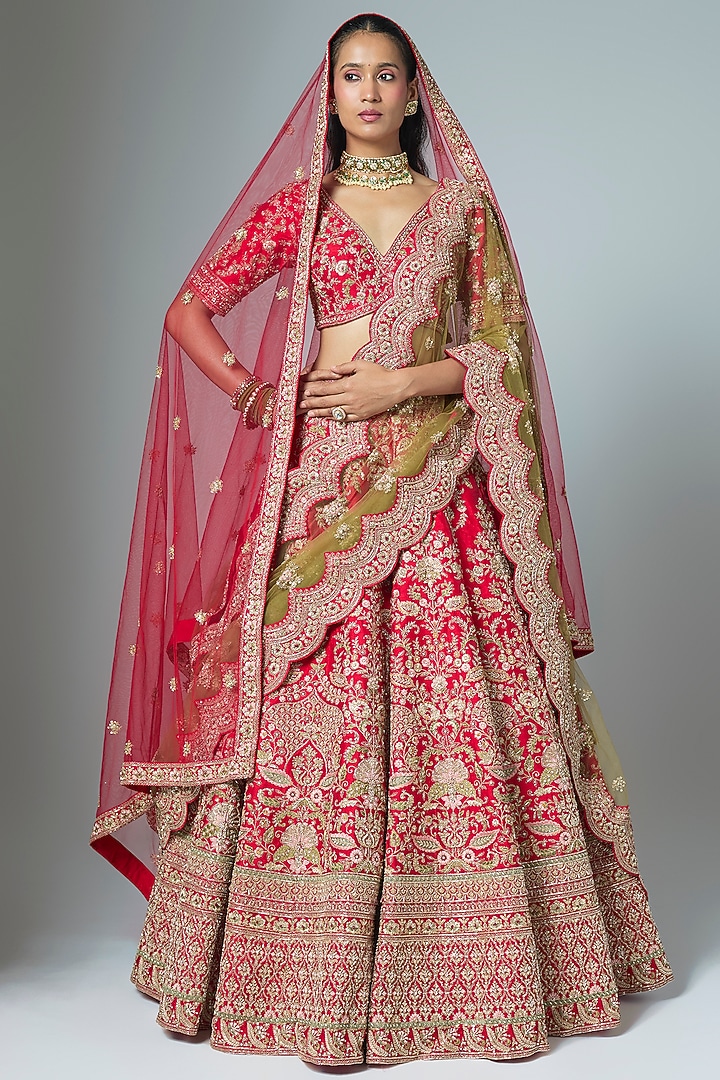 Red Raw Silk Embroidered Bridal Lehenga Set by Kalighata at Pernia's Pop Up Shop