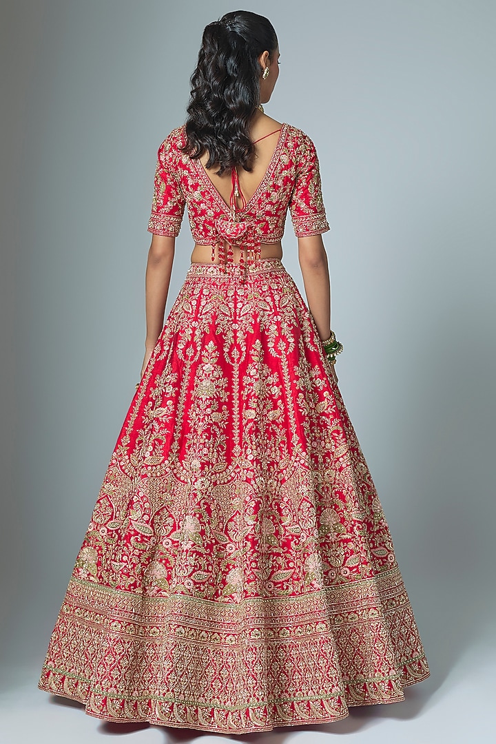 Red Raw Silk Embroidered Bridal Lehenga Set by Kalighata at Pernia's Pop Up Shop