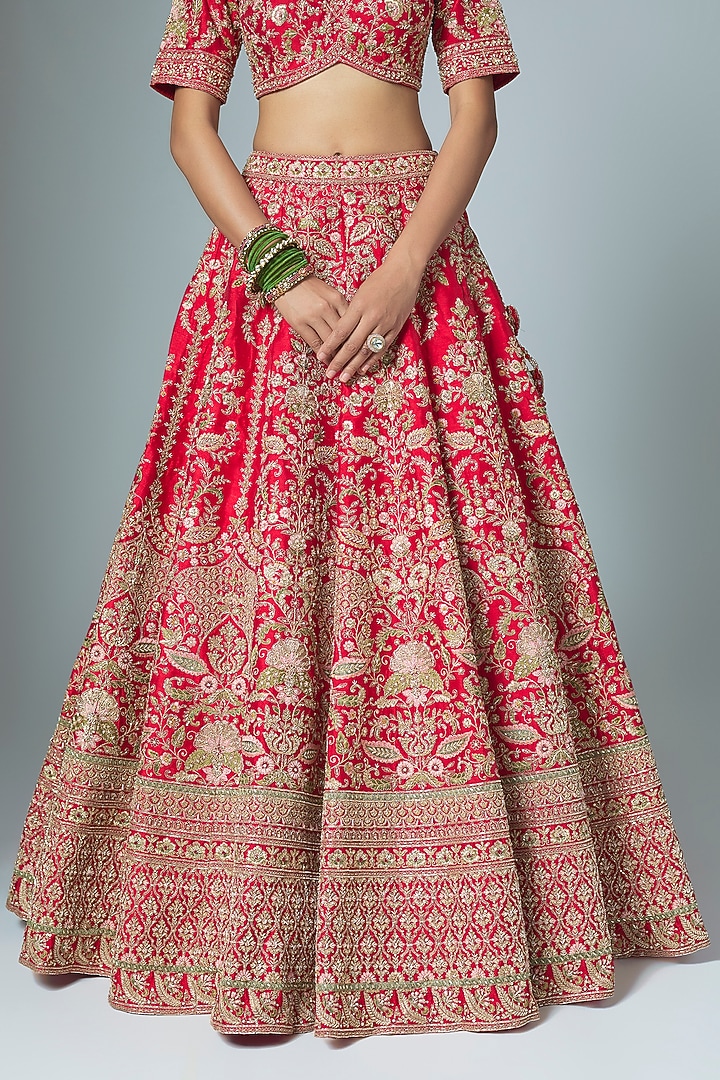 Red Raw Silk Embroidered Bridal Lehenga Set by Kalighata at Pernia's Pop Up Shop