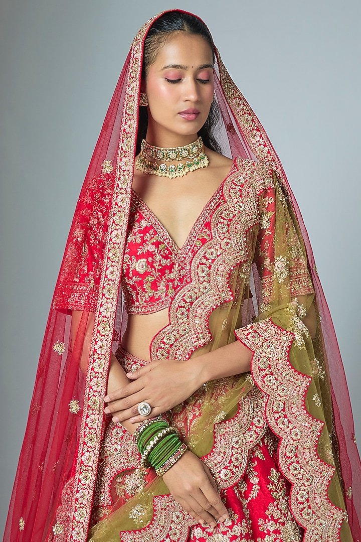 Red Raw Silk Embroidered Bridal Lehenga Set by Kalighata at Pernia's Pop Up Shop