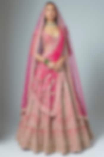 Rani Pink Raw Silk Embroidered Bridal Lehenga Set by Kalighata at Pernia's Pop Up Shop