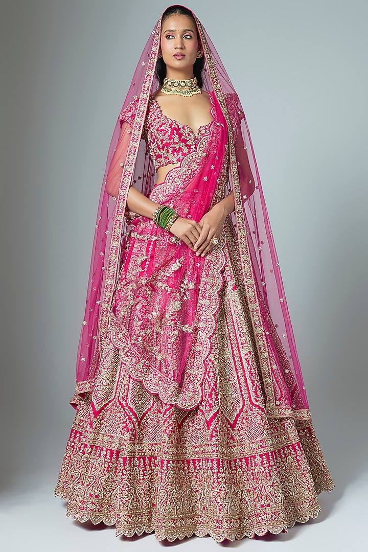 Rani Pink Raw Silk Embroidered Bridal Lehenga Set by Kalighata at Pernia's Pop Up Shop