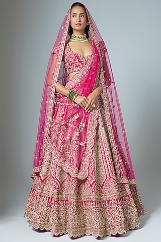 Rani Pink Raw Silk Embroidered Lehenga Set by Kalighata