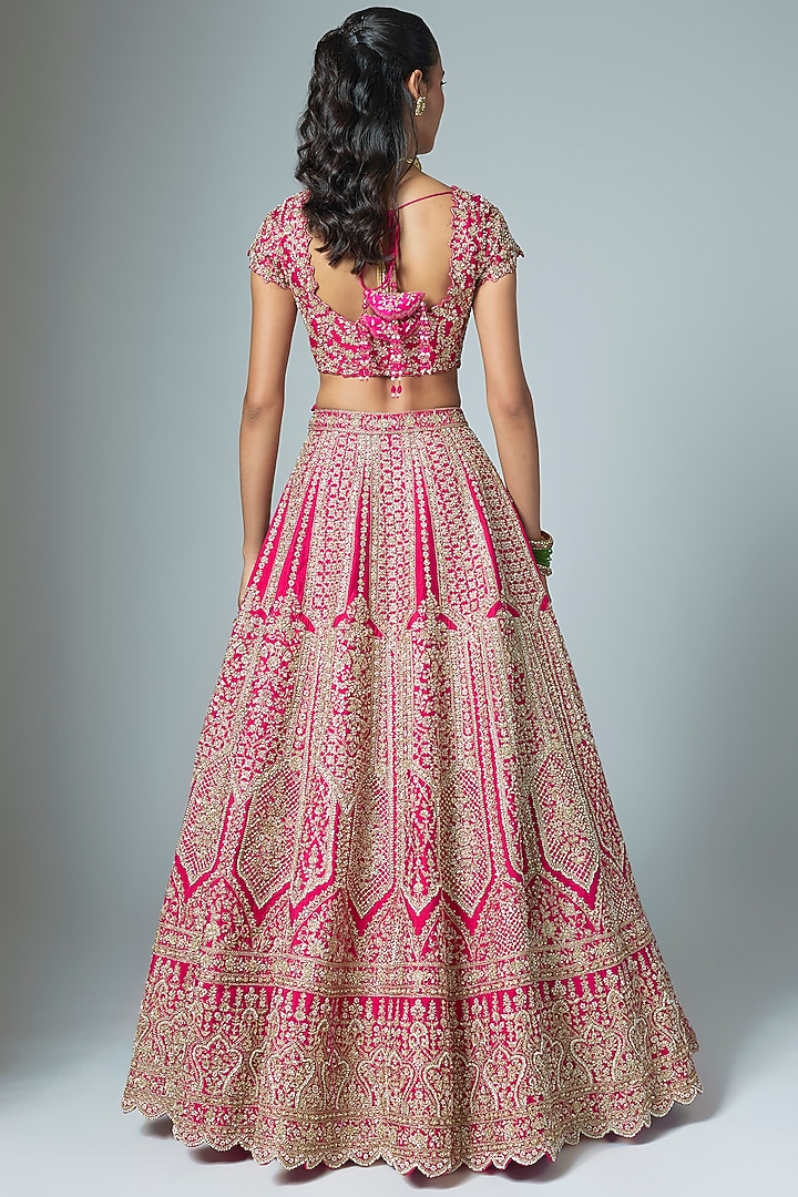 Rani Pink Raw Silk Embroidered Bridal Lehenga Set by Kalighata at Pernia's Pop Up Shop