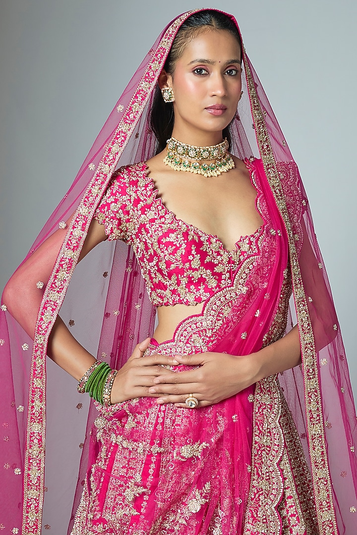 Rani Pink Raw Silk Embroidered Bridal Lehenga Set by Kalighata at Pernia's Pop Up Shop