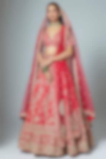 Red Raw Silk Embroidered Bridal Lehenga Set by Kalighata at Pernia's Pop Up Shop