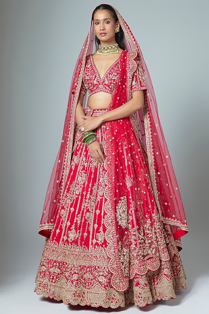 Red Raw Silk Embroidered Bridal Lehenga Set by Kalighata at Pernia's Pop Up Shop