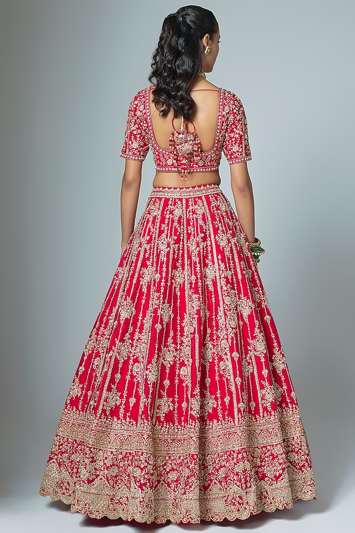 Red Raw Silk Embroidered Bridal Lehenga Set by Kalighata at Pernia's Pop Up Shop