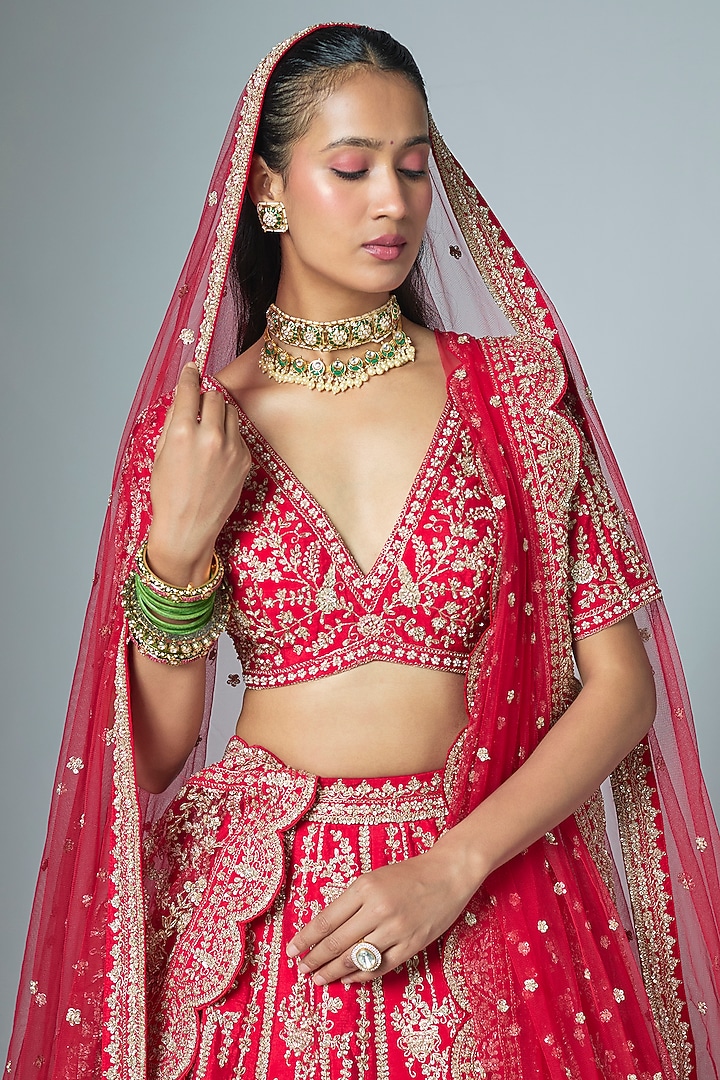 Red Raw Silk Embroidered Bridal Lehenga Set by Kalighata at Pernia's Pop Up Shop