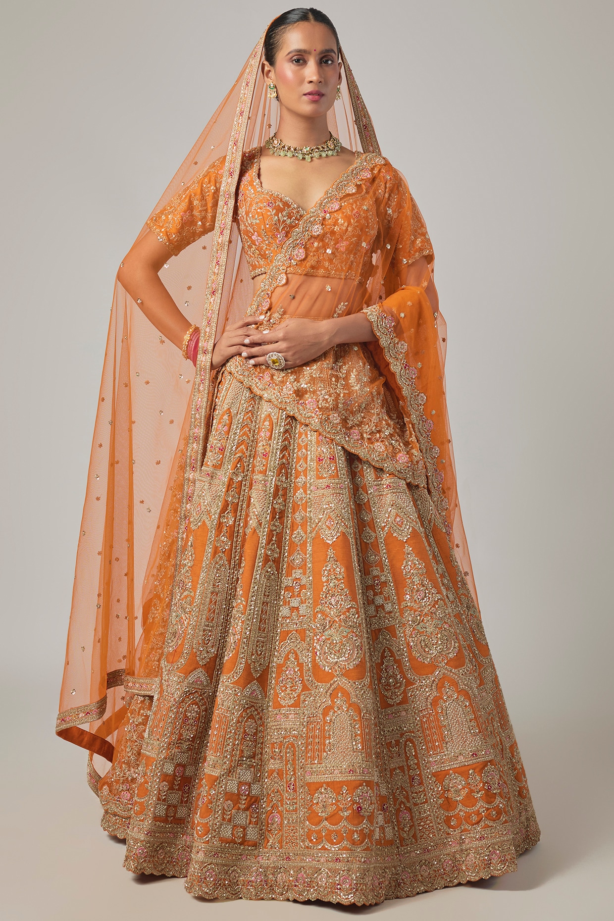 Kalighata Rust Raw Silk Embroidered Lehenga Set