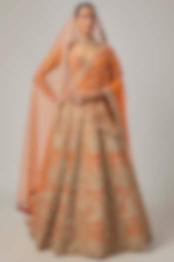 Rust Raw Silk Embroidered Bridal Lehenga Set by Kalighata at Pernia's Pop Up Shop