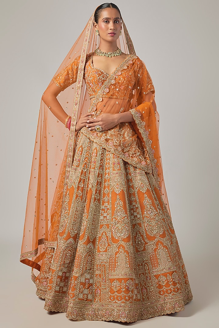 Rust Raw Silk Embroidered Bridal Lehenga Set by Kalighata at Pernia's Pop Up Shop