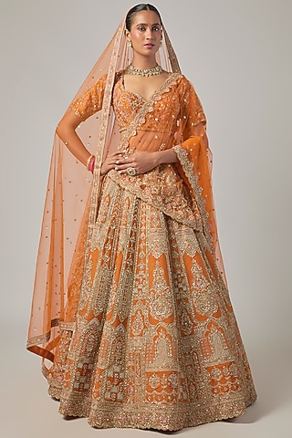 Rust Raw Silk Embroidered Lehenga Set by Kalighata