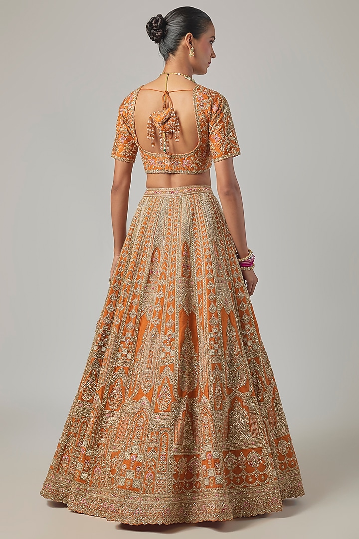 Rust Raw Silk Embroidered Bridal Lehenga Set by Kalighata at Pernia's Pop Up Shop