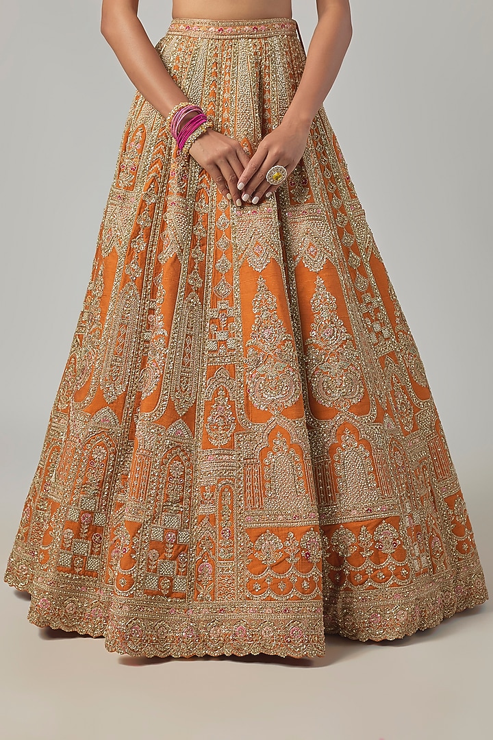 Rust Raw Silk Embroidered Bridal Lehenga Set by Kalighata at Pernia's Pop Up Shop