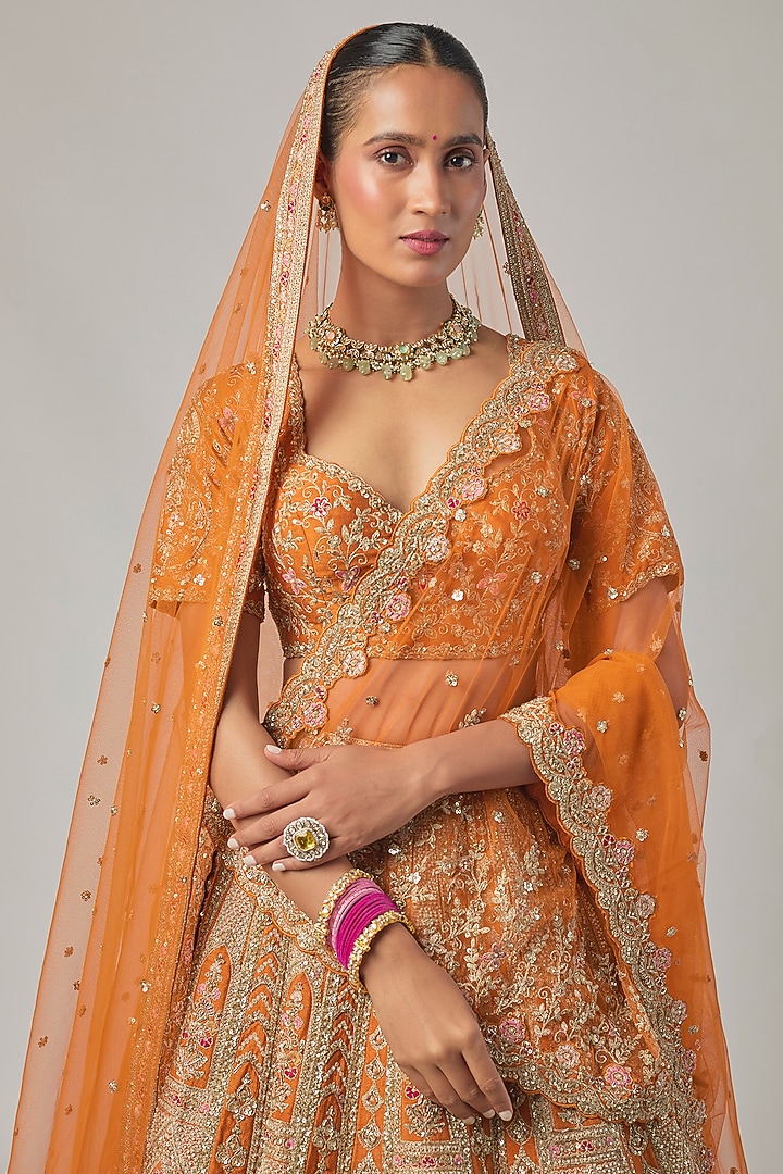 Rust Raw Silk Embroidered Bridal Lehenga Set by Kalighata at Pernia's Pop Up Shop