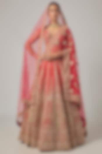 Red Raw Silk Embroidered Bridal Lehenga Set by Kalighata at Pernia's Pop Up Shop