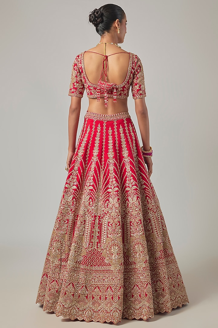 Red Raw Silk Embroidered Bridal Lehenga Set by Kalighata at Pernia's Pop Up Shop