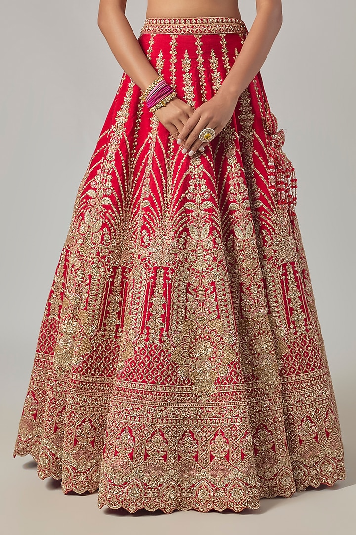 Red Raw Silk Embroidered Bridal Lehenga Set by Kalighata at Pernia's Pop Up Shop