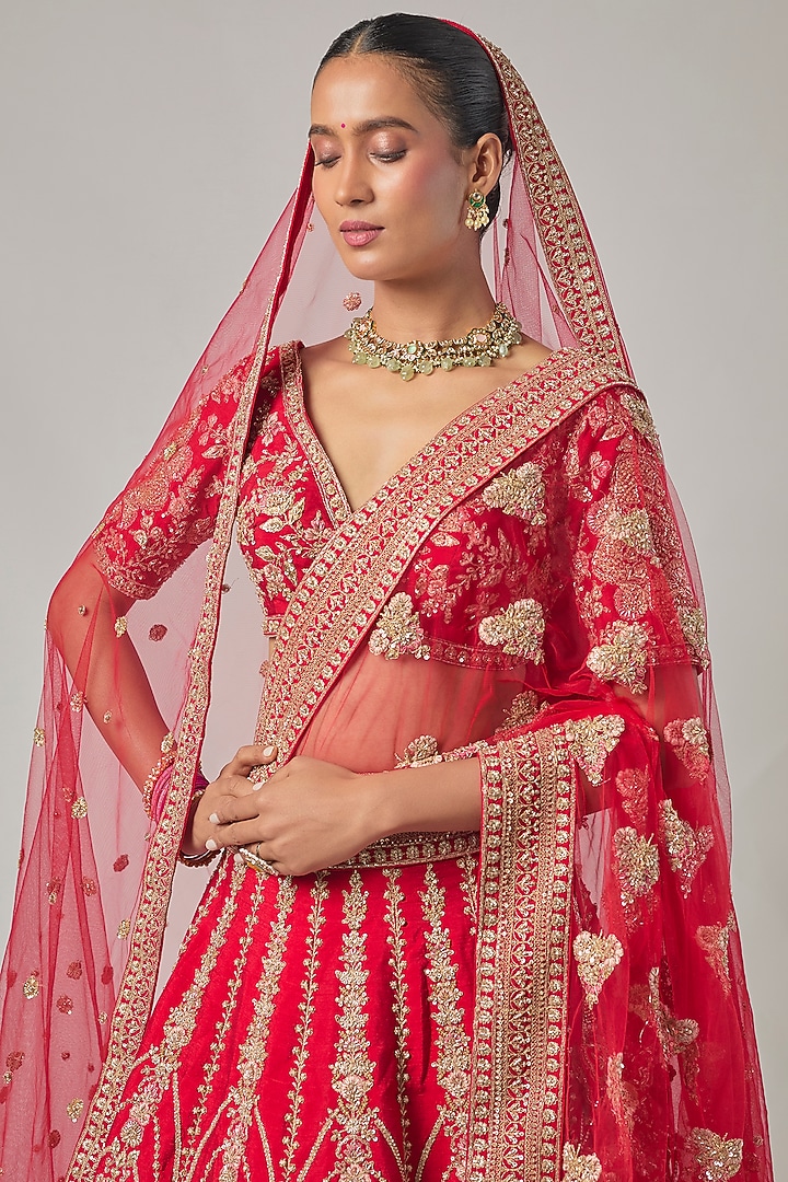 Red Raw Silk Embroidered Bridal Lehenga Set by Kalighata at Pernia's Pop Up Shop