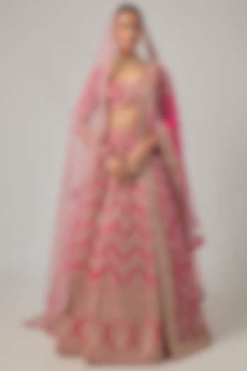 Coral Raw Silk Embroidered Bridal Lehenga Set by Kalighata at Pernia's Pop Up Shop