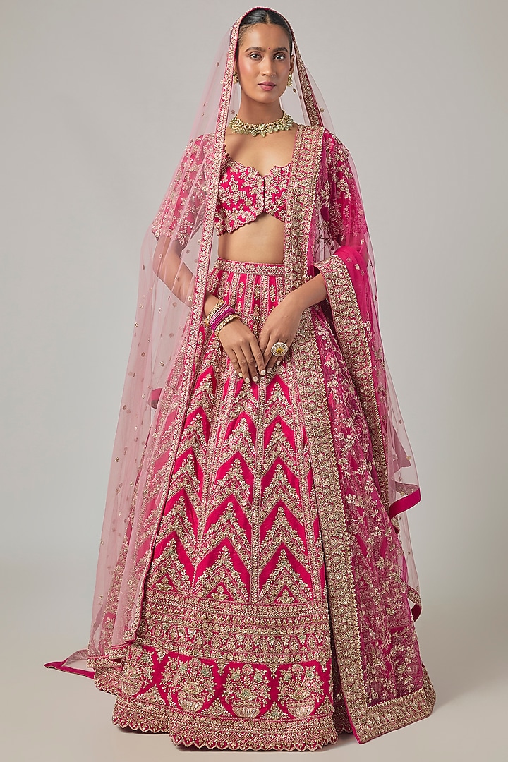 Coral Raw Silk Embroidered Bridal Lehenga Set by Kalighata at Pernia's Pop Up Shop
