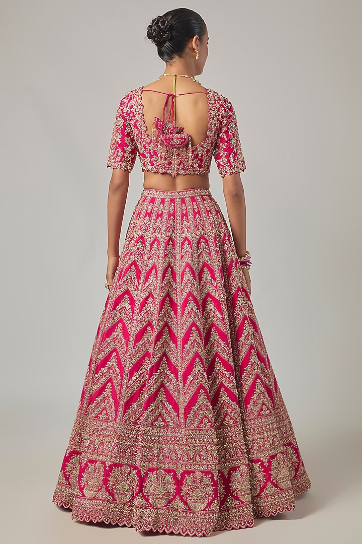 Coral Raw Silk Embroidered Bridal Lehenga Set by Kalighata at Pernia's Pop Up Shop