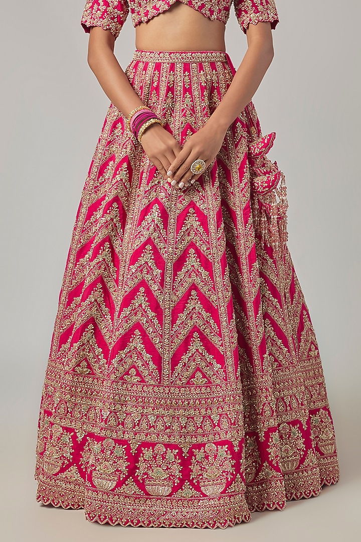 Coral Raw Silk Embroidered Bridal Lehenga Set by Kalighata at Pernia's Pop Up Shop