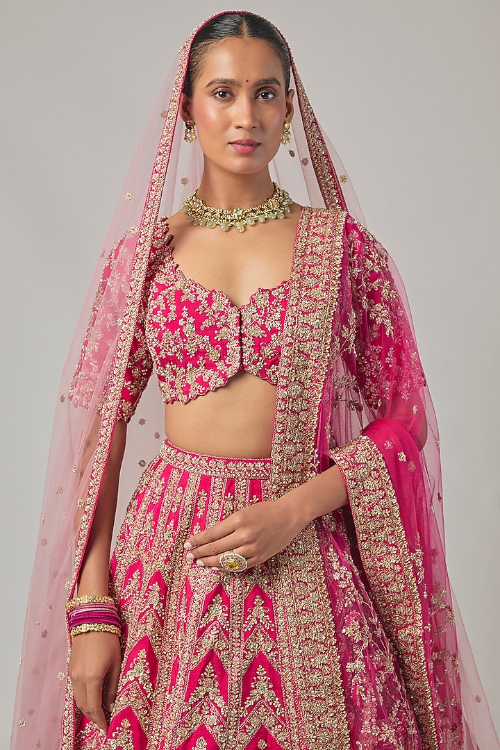 Coral Raw Silk Embroidered Bridal Lehenga Set by Kalighata at Pernia's Pop Up Shop