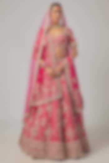 Rani Pink Raw Silk Embroidered Bridal Lehenga Set by Kalighata at Pernia's Pop Up Shop