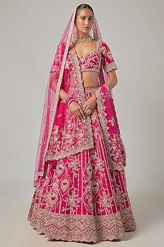 Rani Pink Raw Silk Embroidered Lehenga Set by Kalighata