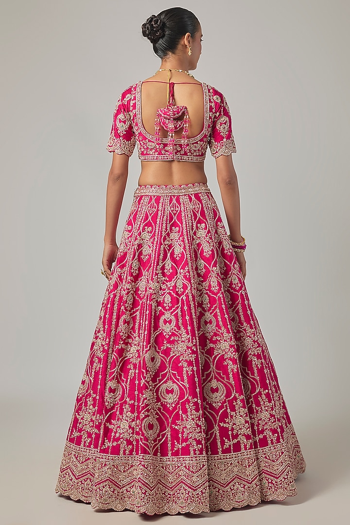 Rani Pink Raw Silk Embroidered Bridal Lehenga Set by Kalighata at Pernia's Pop Up Shop