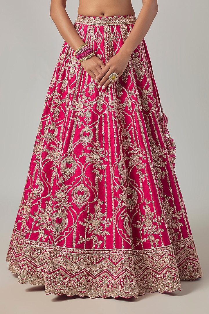 Rani Pink Raw Silk Embroidered Bridal Lehenga Set by Kalighata at Pernia's Pop Up Shop