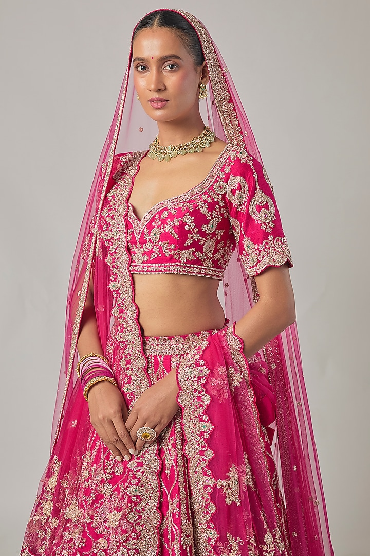 Rani Pink Raw Silk Embroidered Bridal Lehenga Set by Kalighata at Pernia's Pop Up Shop