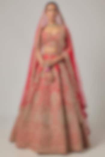 Red Raw Silk Embroidered Bridal Lehenga Set by Kalighata at Pernia's Pop Up Shop