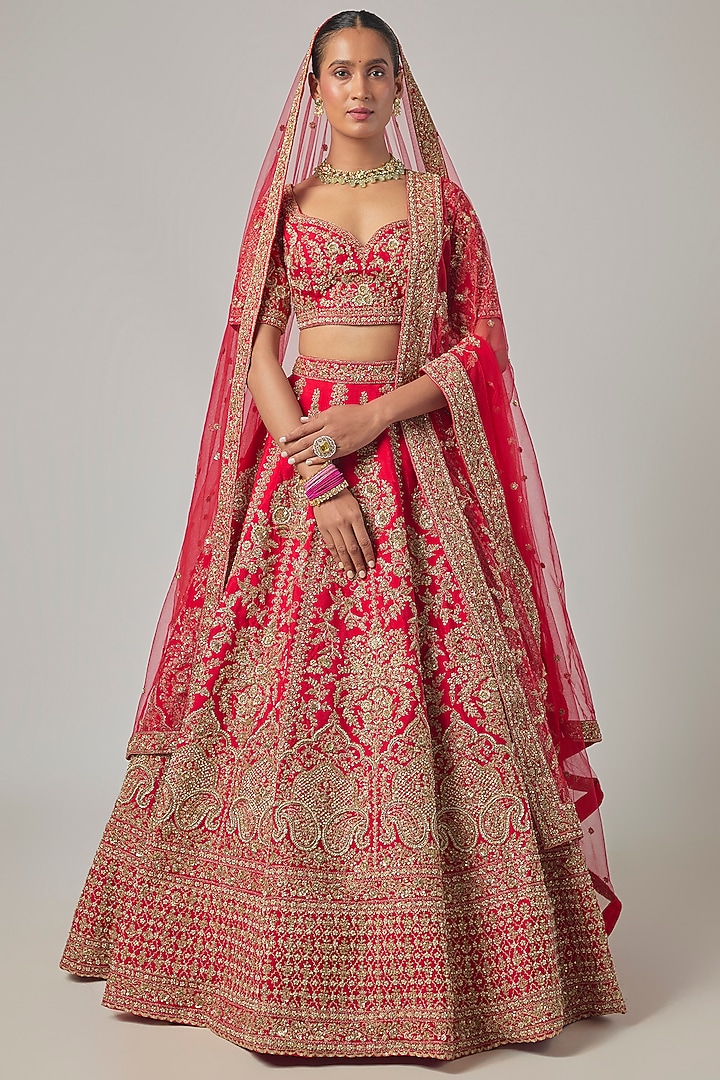 Red Raw Silk Embroidered Bridal Lehenga Set by Kalighata at Pernia's Pop Up Shop