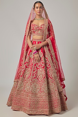Red Raw Silk Embroidered Lehenga Set by Kalighata